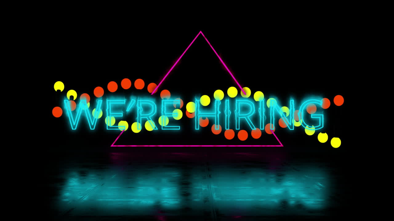 Animation of We're Hiring text with colorful dots and triangle on dark background