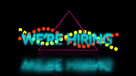 animation of we're hiring text with colorful dots and triangle on dark background