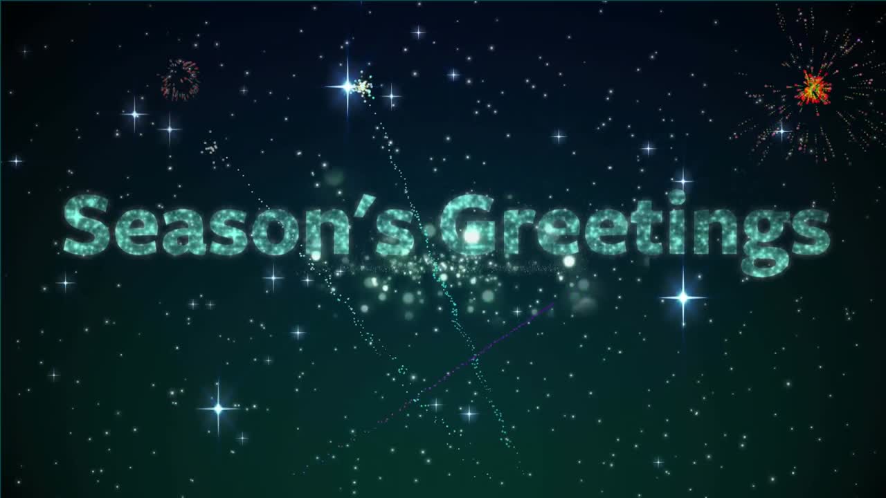 Animation of season's greetings text in blue with christmas and new year fireworks in night sky