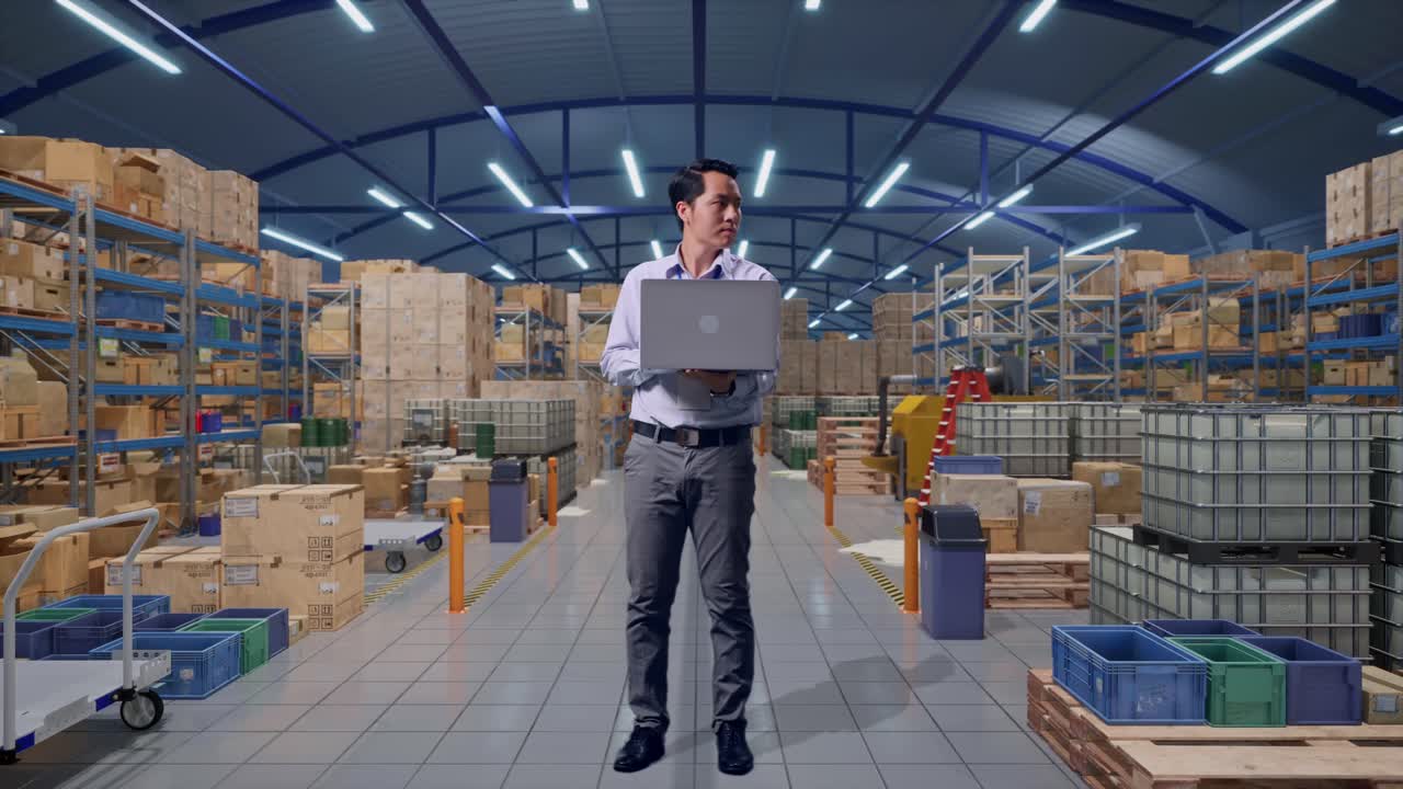 Figura intera di un operaio professionista asiatico con il suo laptop in un magazzino con scaffalature, si guarda intorno prima di concentrarsi sul suo laptop.