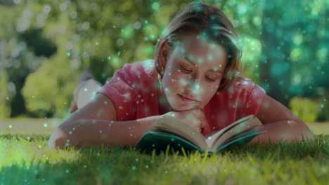 Animación-De-Puntos-Brillantes-Sobre-Una-Mujer-Caucásica-Sonriente-Leyendo-Un-Libro