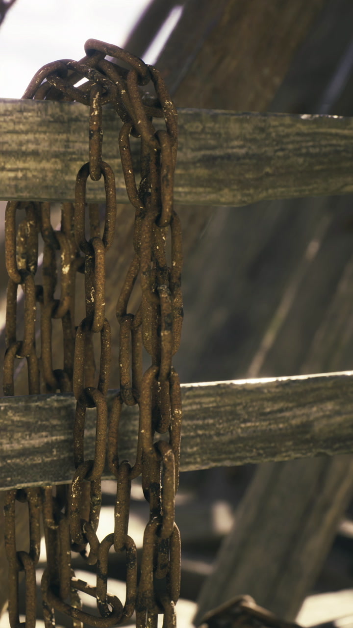 Rusty chain hangs gracefully on weathered wooden beams under soft sunlight