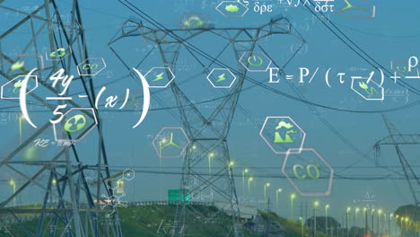 animation of digital data processing and eco icons over electricity pylons