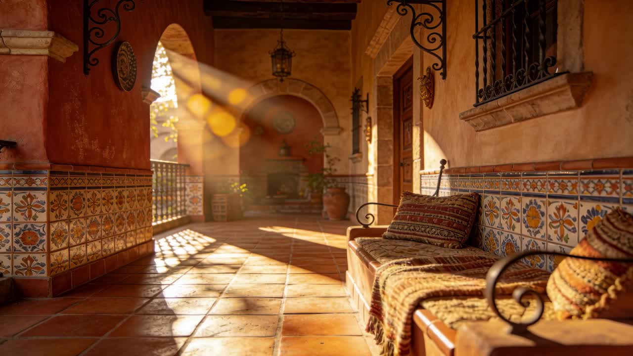 Il sole che si muove su un portico piastrellato spagnolo proietta un motivo a ringhiera, rivelando pulviscolo e contribuendo al design.