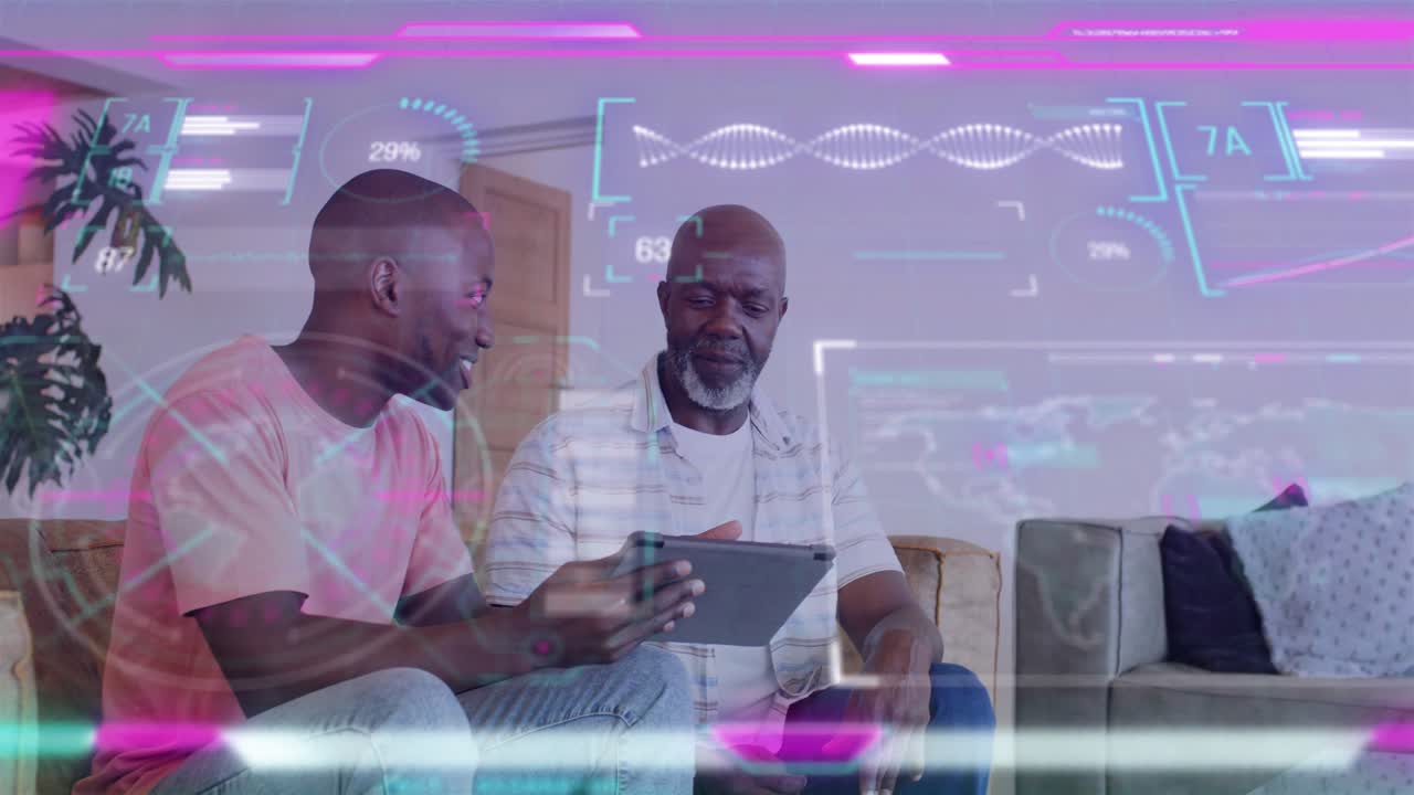 Adult son tapping tablet and activating HUD overlay, highlighting technology data for senior father