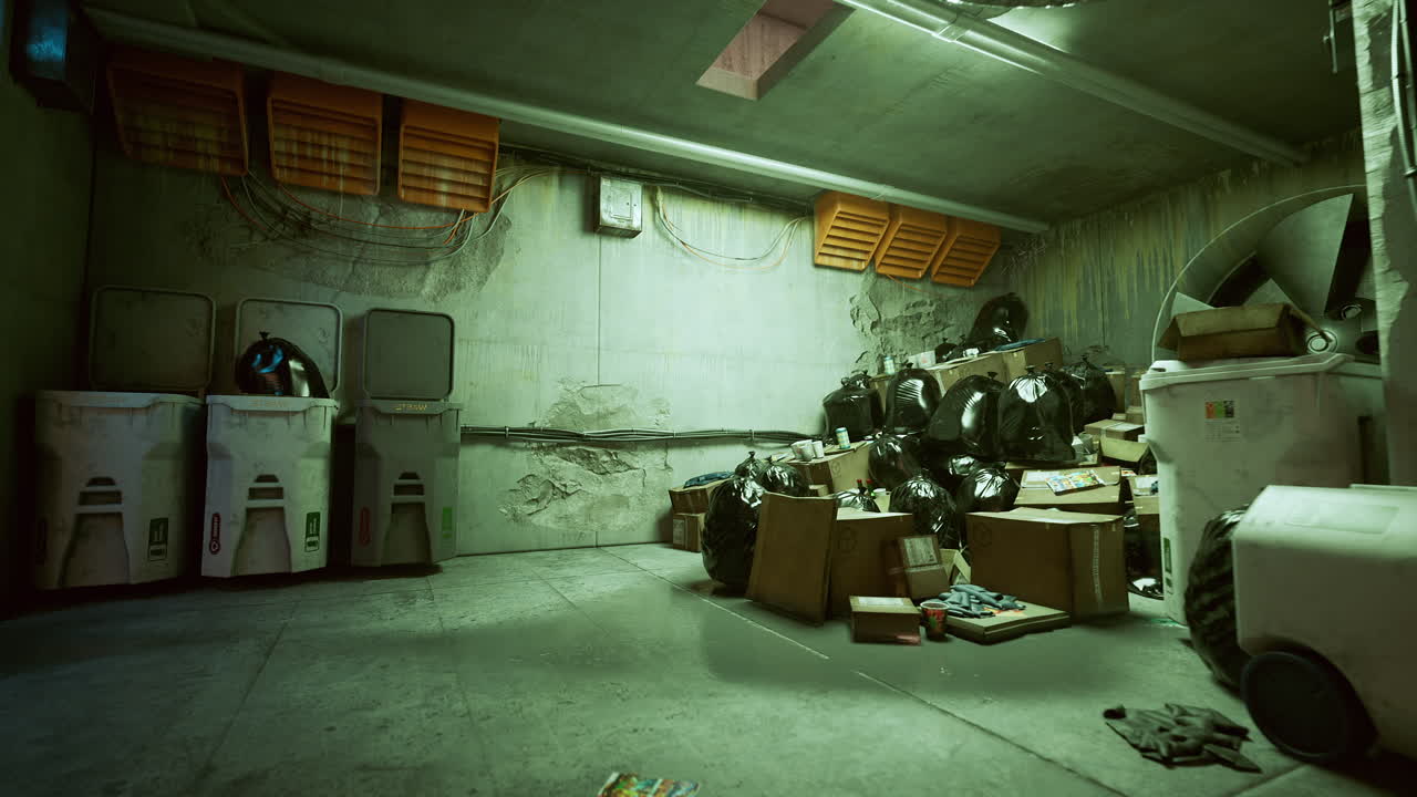Shadowy basement filled with old equipment and peeling paint