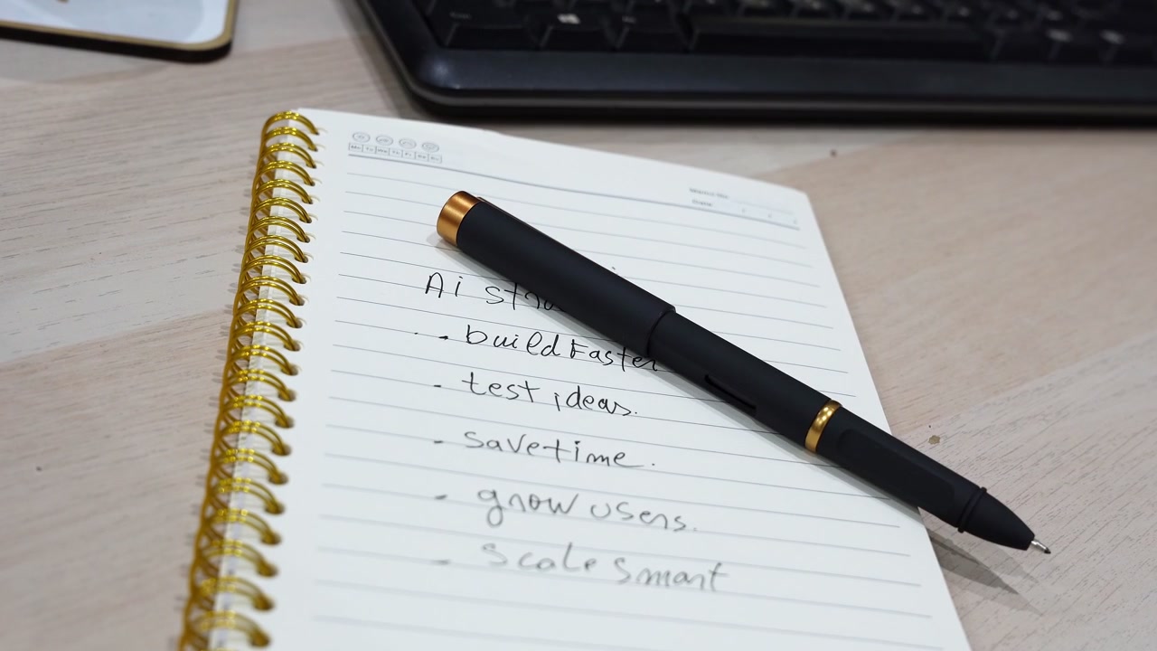 Close up of a person writing a startup AI strategy in a spiral notebook on a wooden desk. The handwritten notes list goals like build faster, save time, and scale smart in a modern office setup.