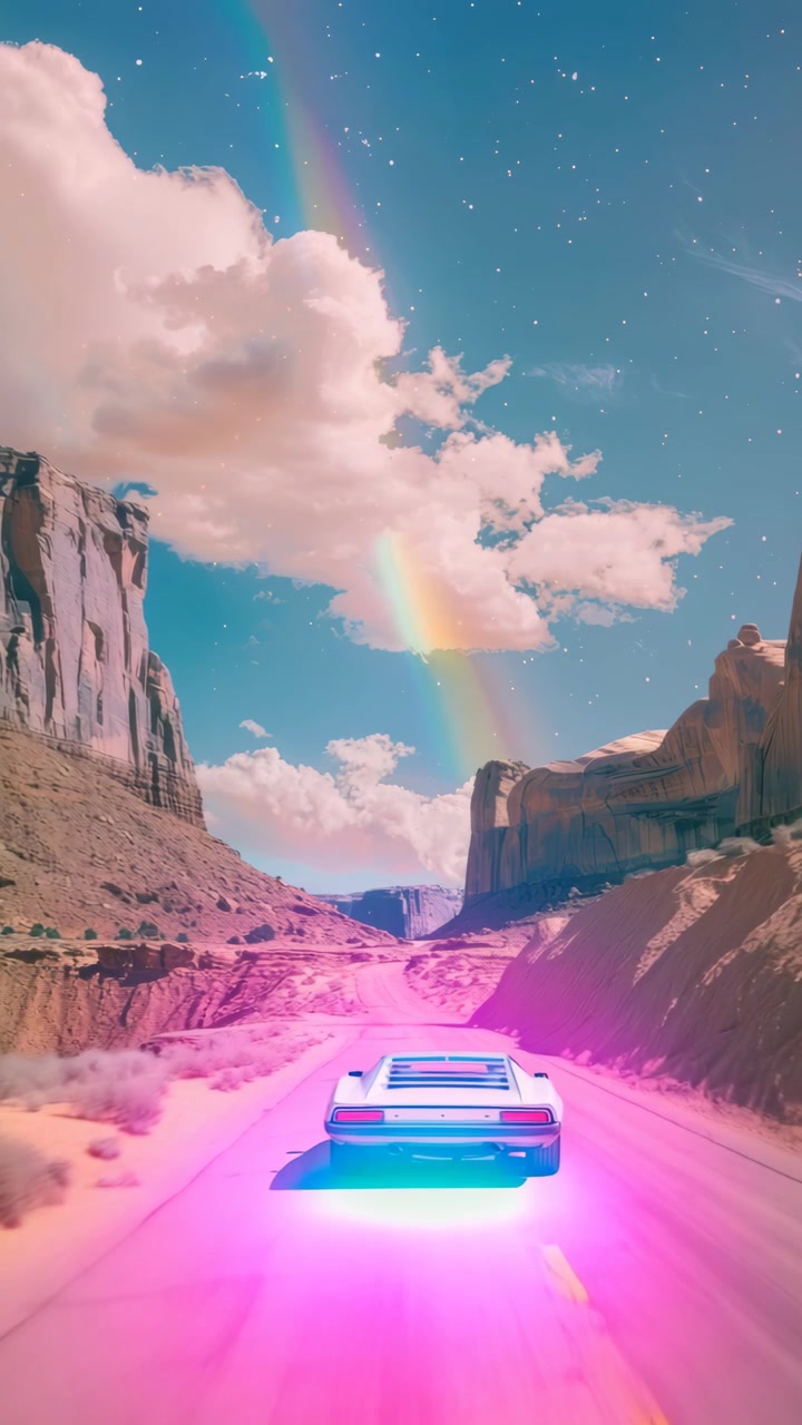 Auto sportiva che attraversa un paesaggio desertico sotto un arcobaleno