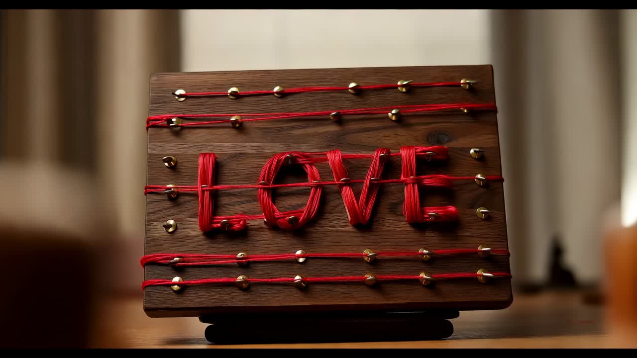 Movimento de câmera aproximando-se e girando em direção ao cavalete de madeira, mostrando a palavra LOVE (AMOR) feita de linha vermelha e pregos de latão