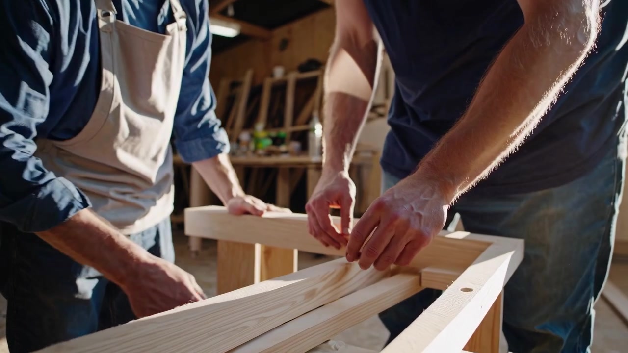 Two Carpenters Assembling Wooden Furniture Frame in Workshop