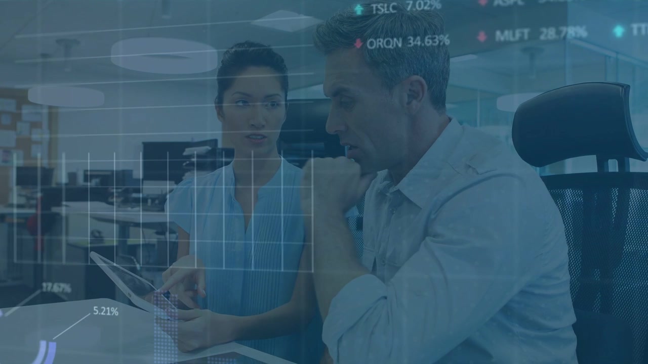 Woman tapping tablet, man pointing at chart, animated overlays growing to guide business decision