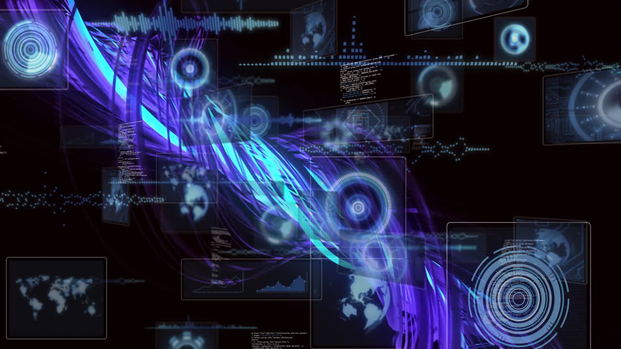 Animation of glowing blue and purple data streams with futuristic digital interface