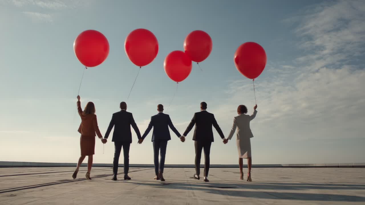A Group of Friends Holding Red Balloons Against a Clear Sky: A Symbol of Togetherness and Celebration as They Stand Hand in Hand on a Rooftop or Open Space