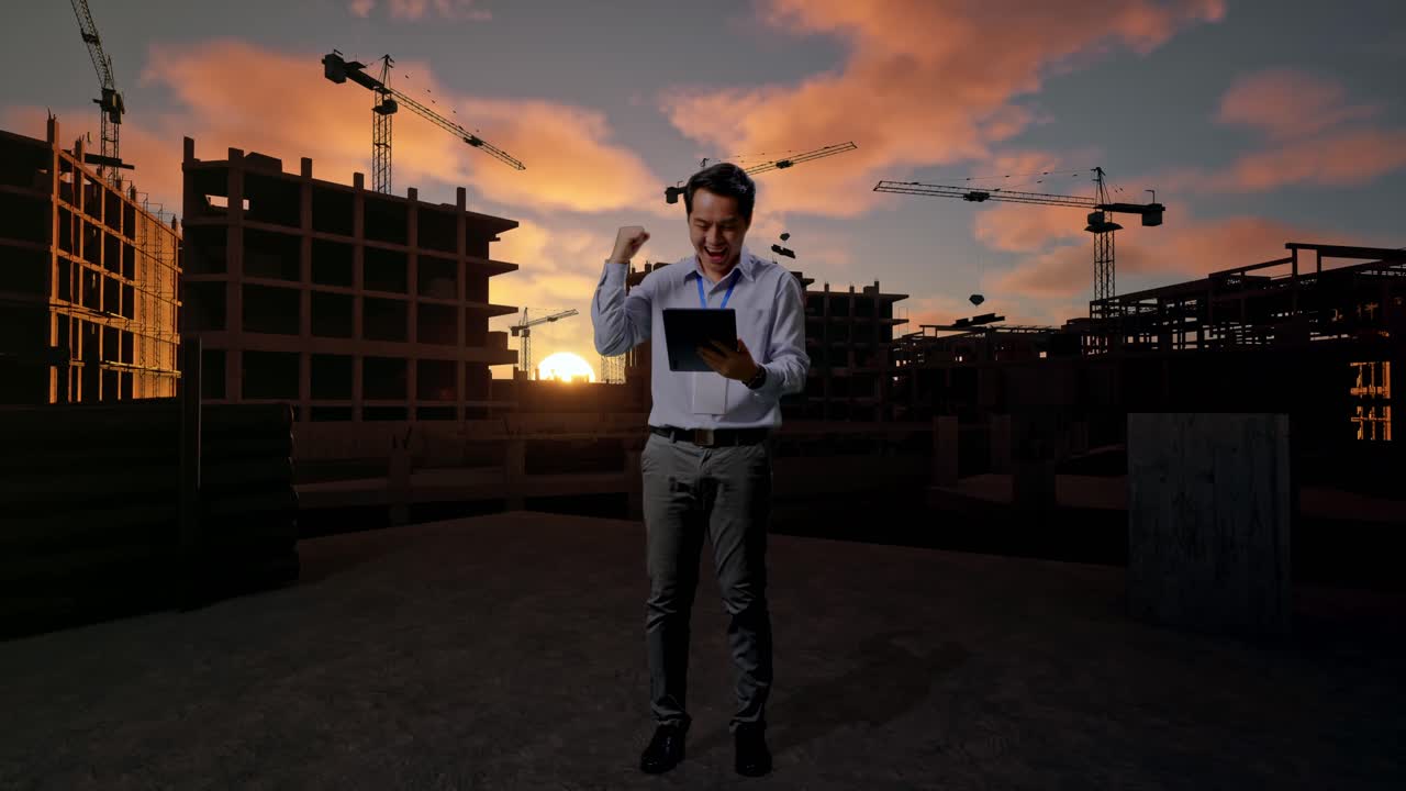 Cuerpo completo de un trabajador profesional asiático de pie con su tableta en una obra en construcción de una nueva casa. Levanta el puño gritando "¡Objetivo!" después de escribir en la tableta