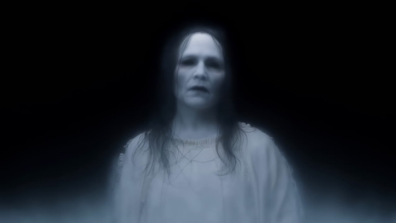 Spirito inquietante di una donna che emerge dalla nebbia.
