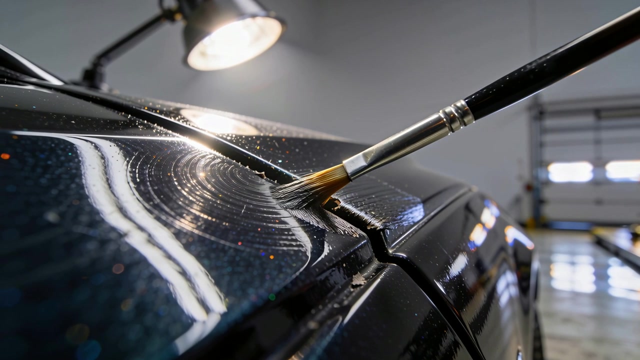 Lighting lamp revealing chips, fine-tip brush filling seam on metal car panel in garage to repair