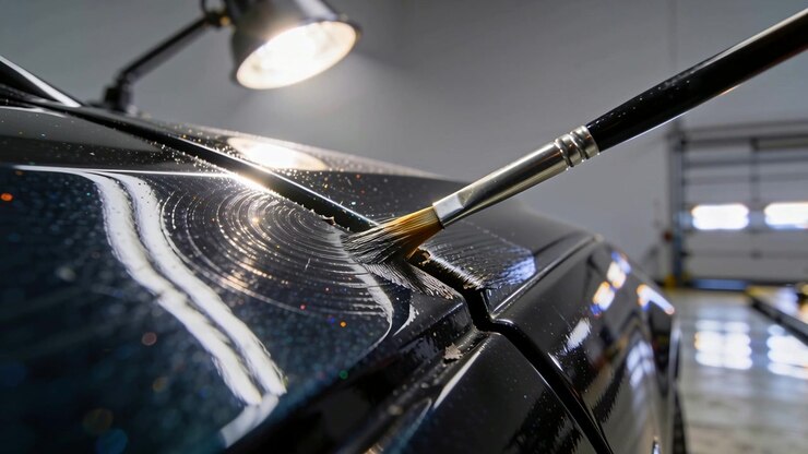 Lighting lamp revealing chips, fine-tip brush filling seam on metal car panel in garage to repair