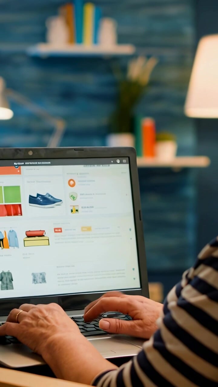 Vertical video: Browsing woman tapping shoe thumbnail on laptop at desk while shopping, striped top