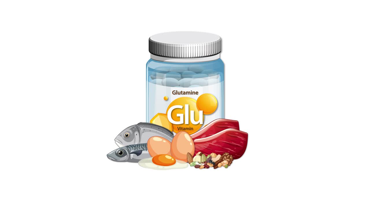 Glutamine supplement bottle with fish, meat, eggs, and nuts appearing on clean white background