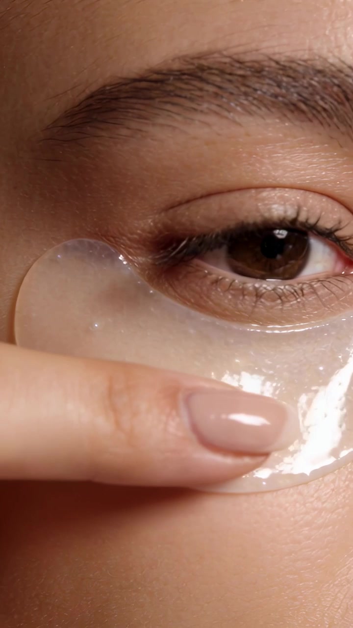 Vertical video: Approaching beige nail smoothing gel patch under right eye for adhesion, bubbles
