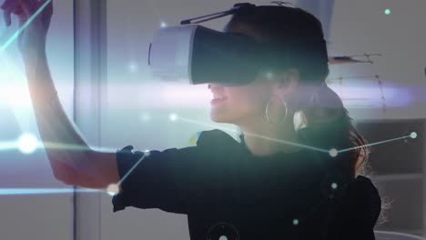 Animation-of-network-of-connections-over-woman-wearing-vr-headset