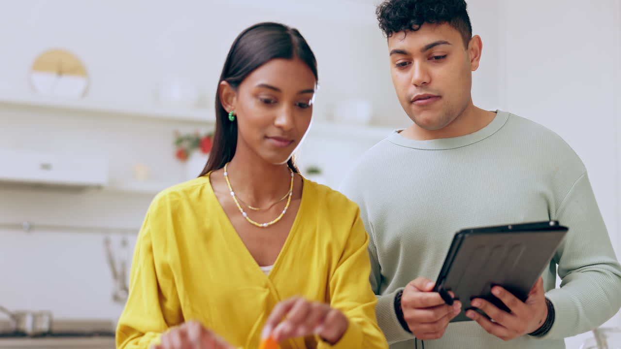 Baking, tablet and happy couple with talk