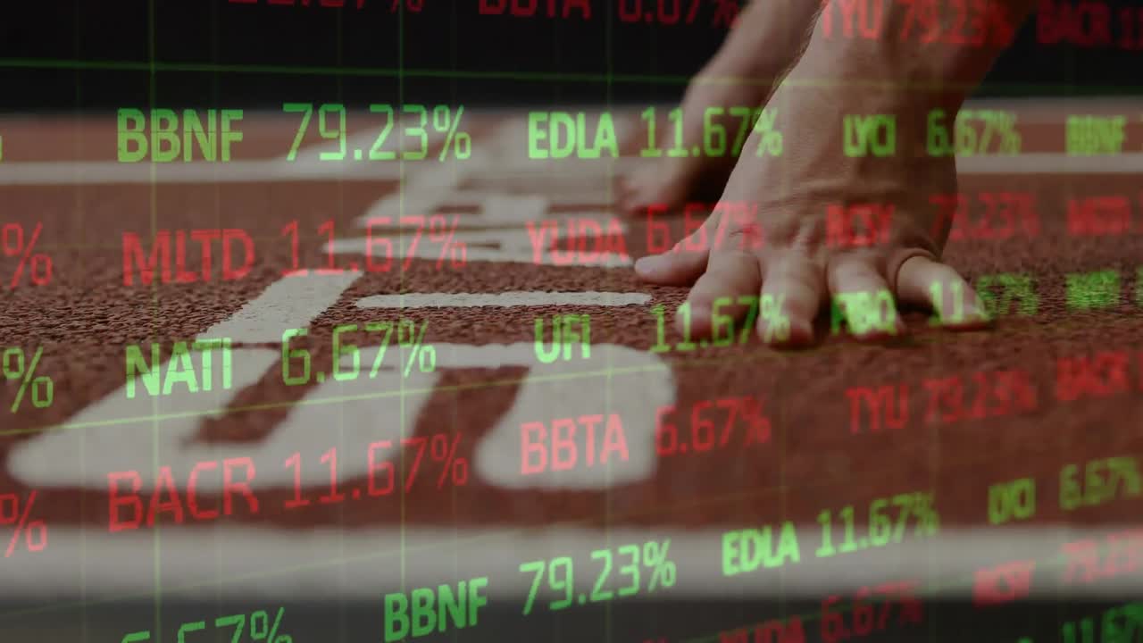 Animation of financial data processing over male runner's hands on starting line of racing track