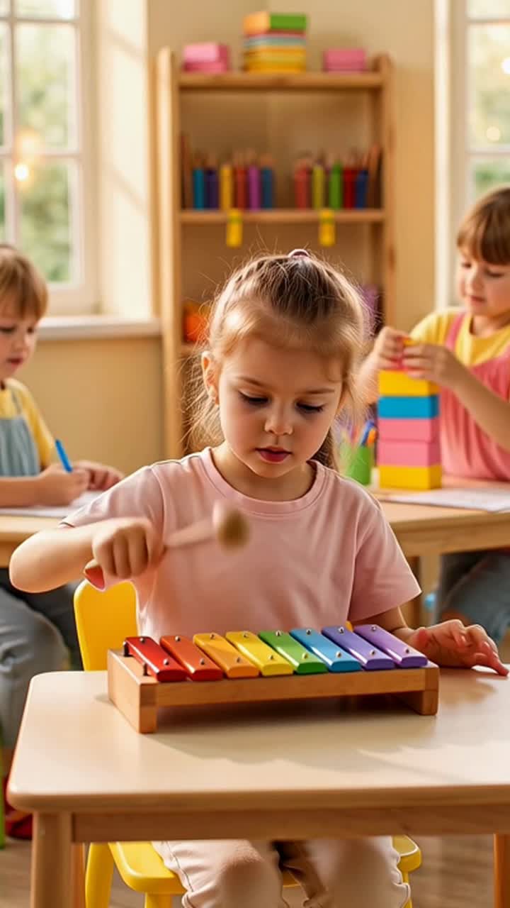 Niña aprendiendo música tocando un xilófono colorido.