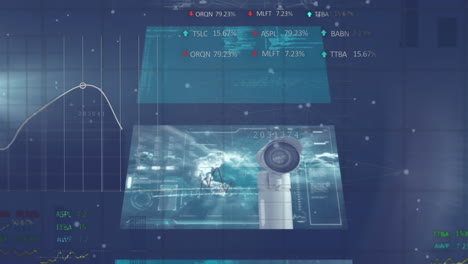 animación múltiples interfaces sobre puntos conectados, lenguaje informático, tablero de negociación y gráficos.