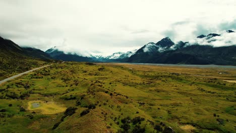 Mount-Cook-National-Park,-New-Zealand-Aerial-Drone-of-Mountain-valley