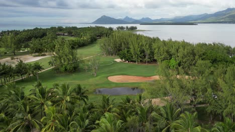 Luxury-golf-course-and-helipad-on-Mauritius-island,-aerial-view
