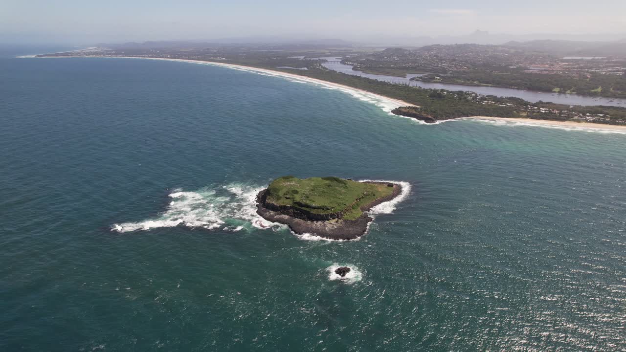 Aerial View Over Cook Island And Fingal Head Beach In NSW, Australia - Drone Shot