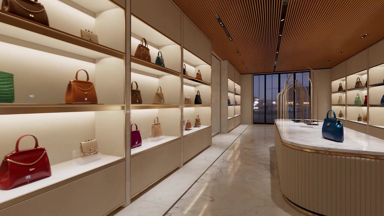 Interior Toko Tas Mewah Elegan dengan Pajangan Produk Bercahaya