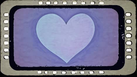 A vintage-style video frame with a central pink heart on a purple background