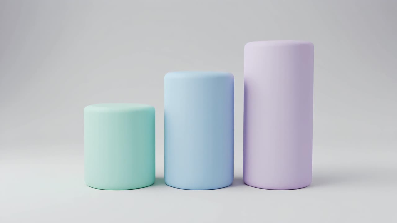 Minimalistisk 3D-animation af voksende pastelfarvede cylindre.