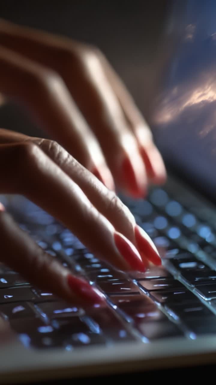 Elegant fingers with manicured red nails typing on a backlit keyboard, showcasing the blend of technology and personal aesthetics in a captivating close-up shot