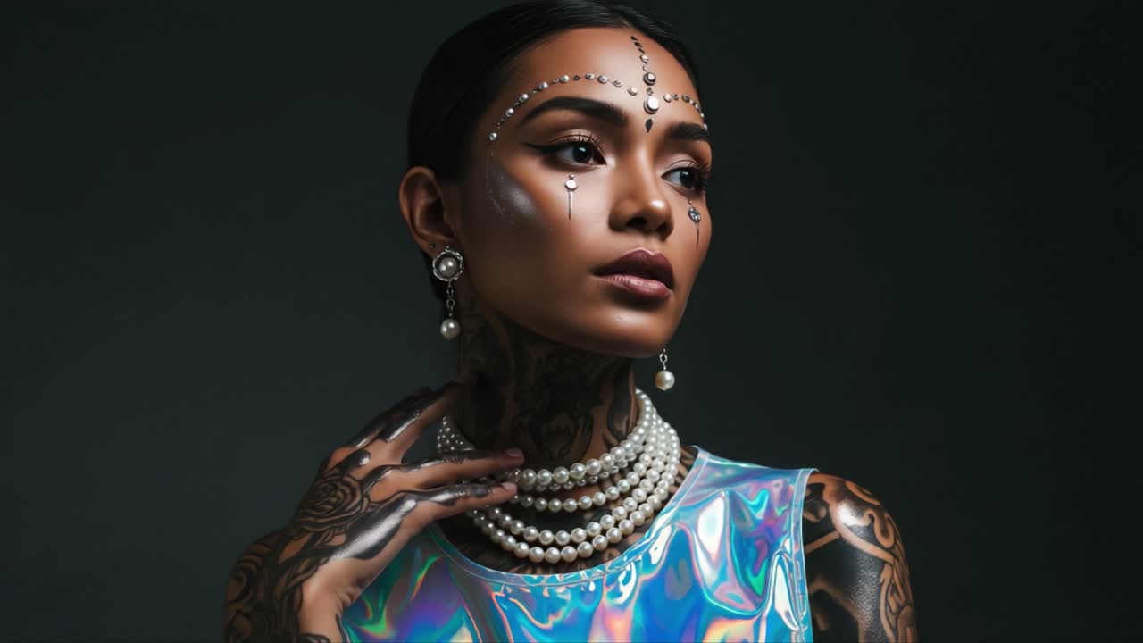 Uno sbalorditivo ritratto di una modella elegante che sfoggia tatuaggi intricati e accessori glamour su uno sfondo scuro.