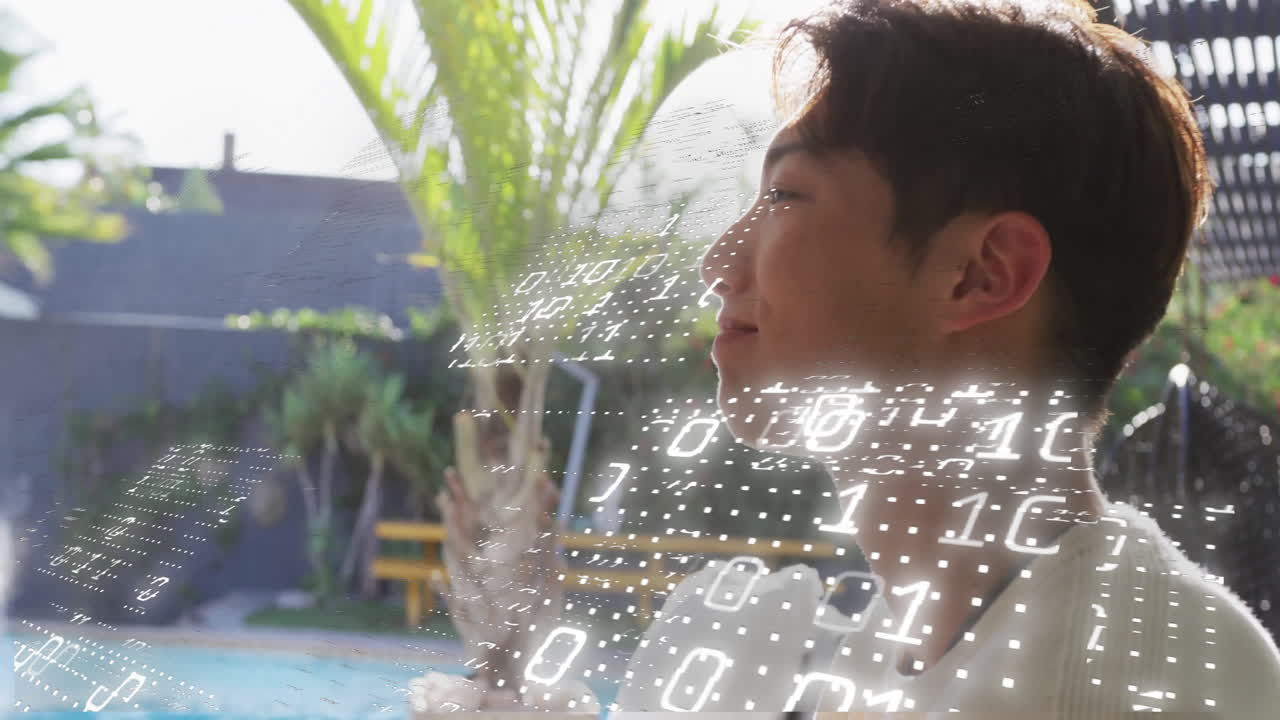 나무가 있는 수영장 에서 휴식을 취하는 사람에 대한 이진 코드 애니메이션