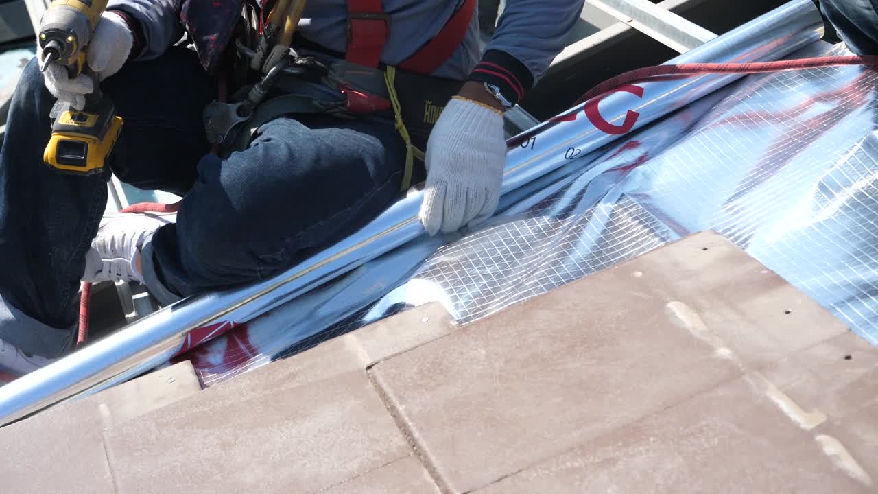 Asian Worker Doing Roof Tiles Installation, Cutting, Measuring Process, Close Up