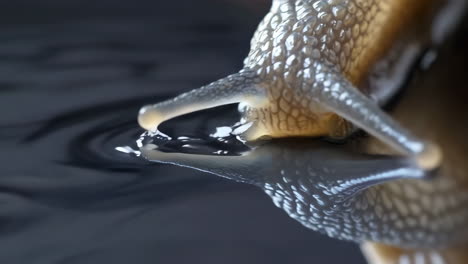 close-up of a snail on water with reflections