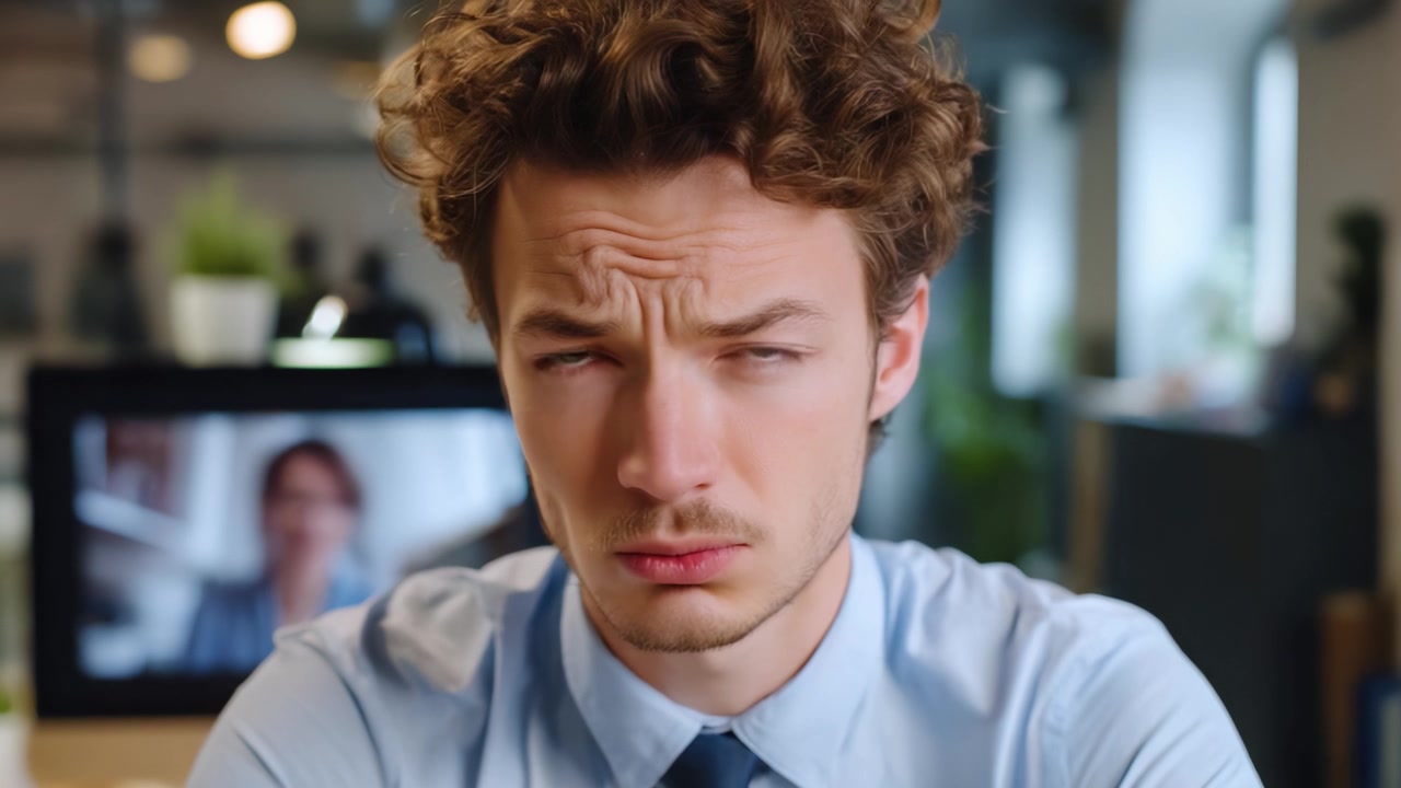 Un giovane uomo concentrato con i capelli ricci che mostra un'espressione seria, seduto a una scrivania in un ambiente d'ufficio moderno durante una videochiamata, accentuando la concentrazione.