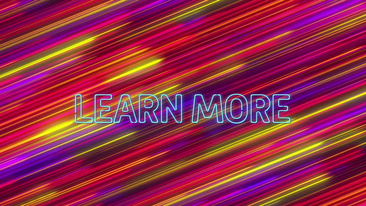 Animation of learn more text banner against colorful light trails in seamless pattern
