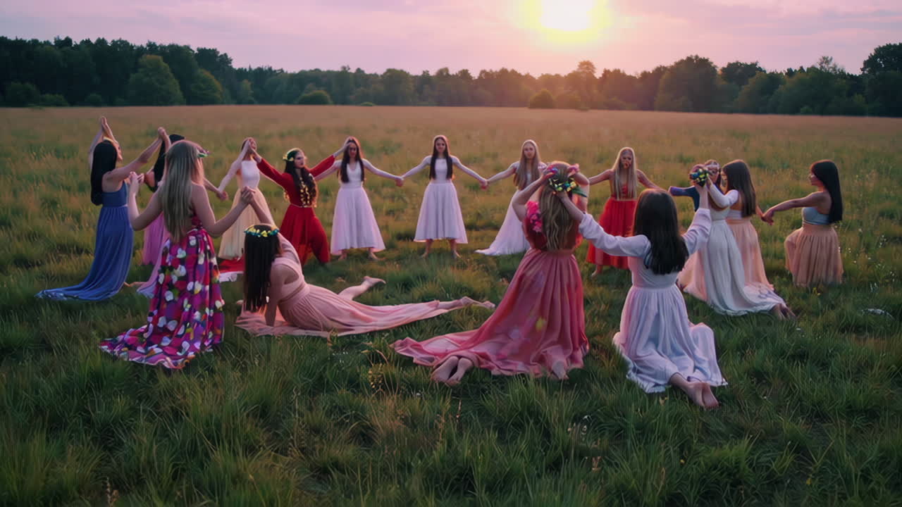 Women in a Circle Dance at Sunset