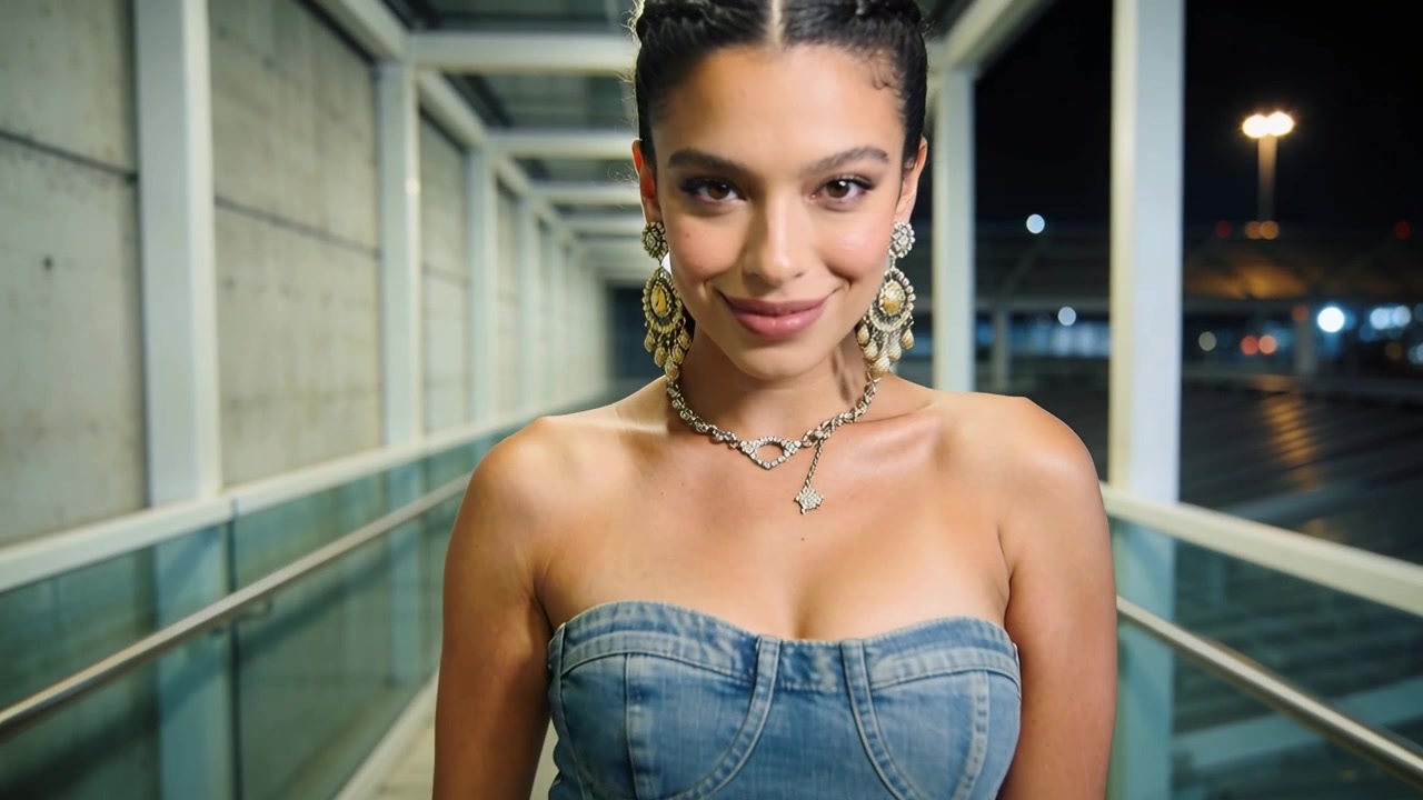 Modella con trecce e orecchini d'oro che cammina e posa su una passerella di vetro di notte, indossando denim.