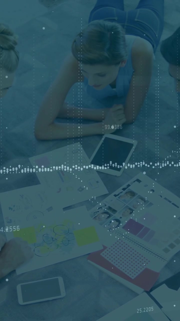 Business data processing animation over group of people collaborating on floor