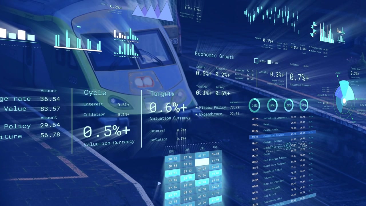 Camera panning right and up, HUD updating live targets while train holding position