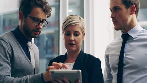 team, tablet and collaboration standing in office