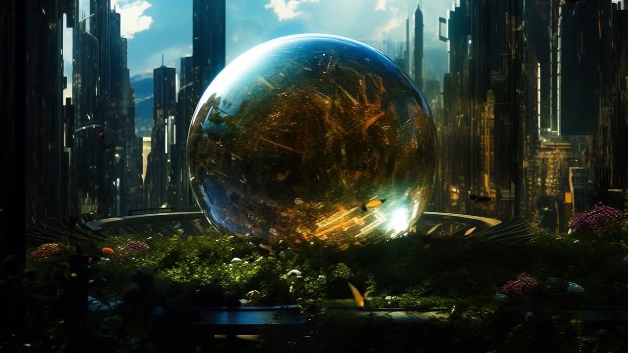 Glowing sphere in future city. A futuristic cityscape features a large glowing sphere at its center surrounded by towering structures and greenery.