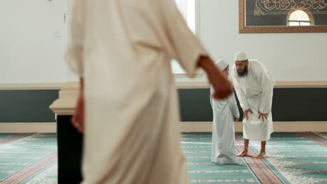 islam, mosque and man walk child to ramadan class