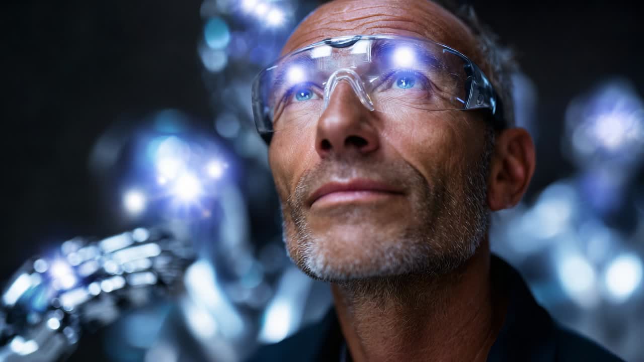 A Man with Glasses Gazes Upwards, Contemplating the Future of Technology and Artificial Intelligence, Surrounded by Glowing Robotic Figures That Emanate a Sense of Innovation and Progress